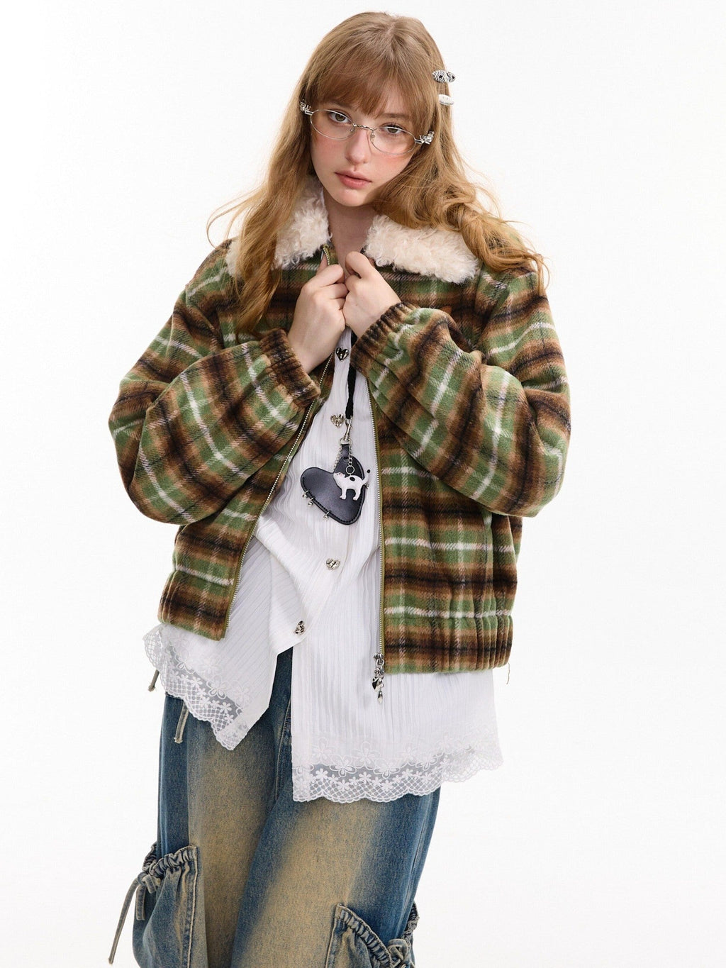 ZIZIFEI Green Plaid Fur Collar American Vintage Women'S Polyester Cotton Puffer Jackets