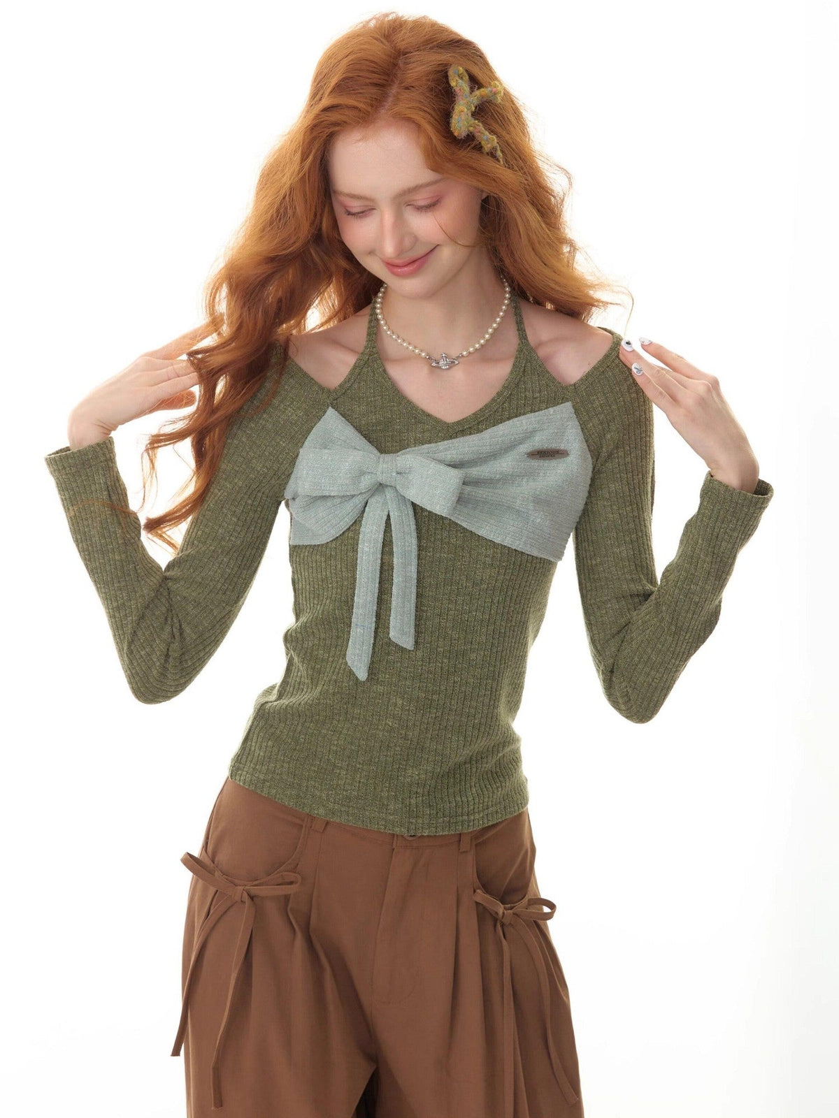 ZIZIFEI Colorblock Patchwork Knitted Bow Halter Women'S Lyocell Long Sleeve T-Shirts