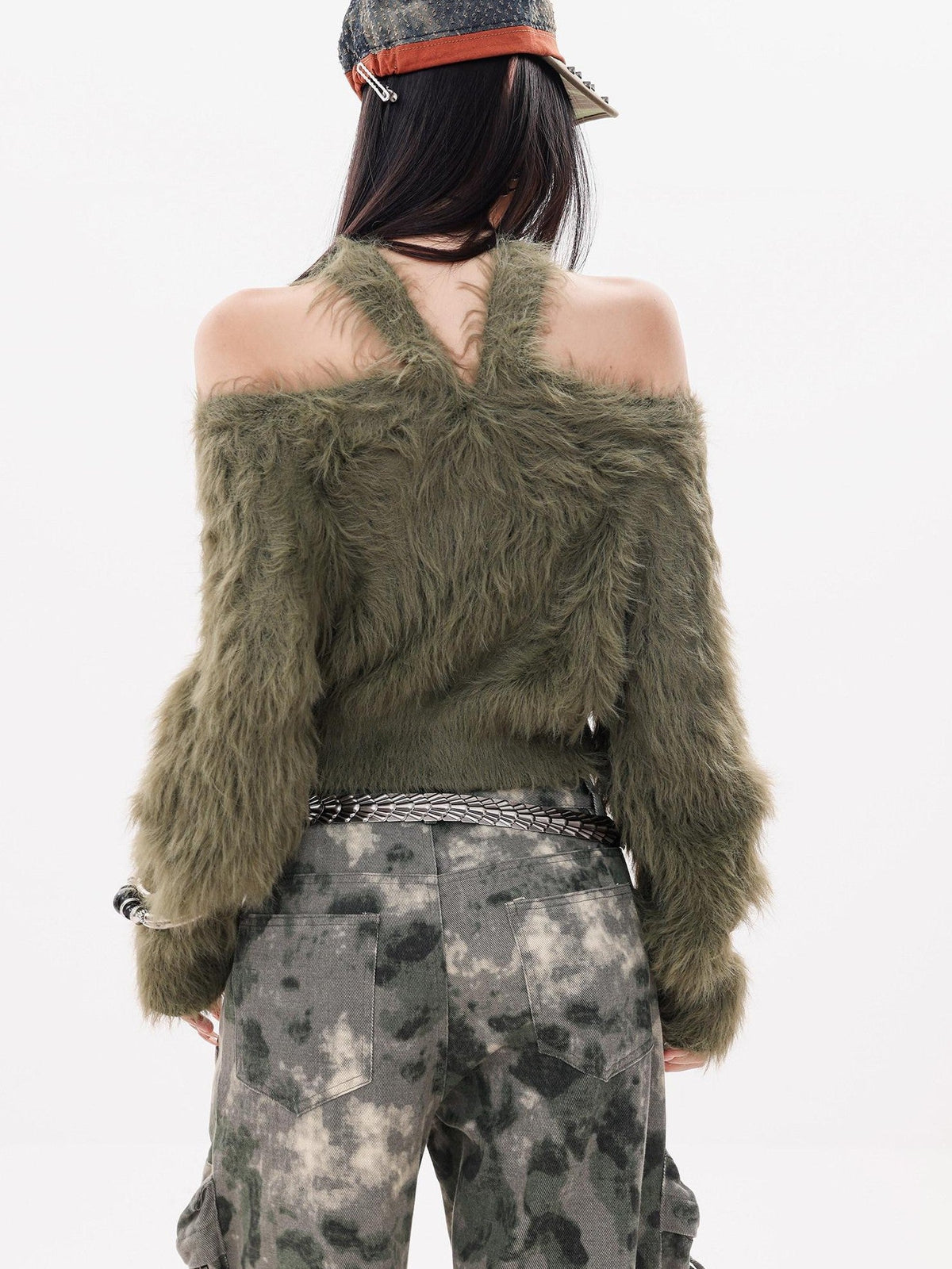 ABWLR Cross Back Off Shoulder V-neck Fluffy Cropped Women'S Knit Sweaters
