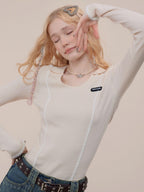 ZIZIFEI Vintage Patchwork Polo U Neck Women'S Viscose Knit Slim Fit Long Sleeve T-Shirts