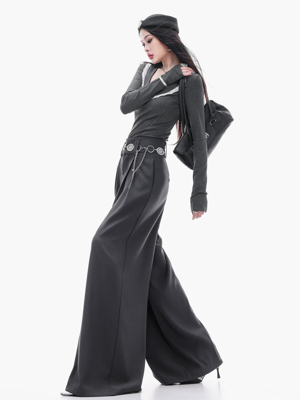 ABWLR Minimalist Gray Pleated Drawstring Natural Waist Zipper Women'S Wide-Leg Pants