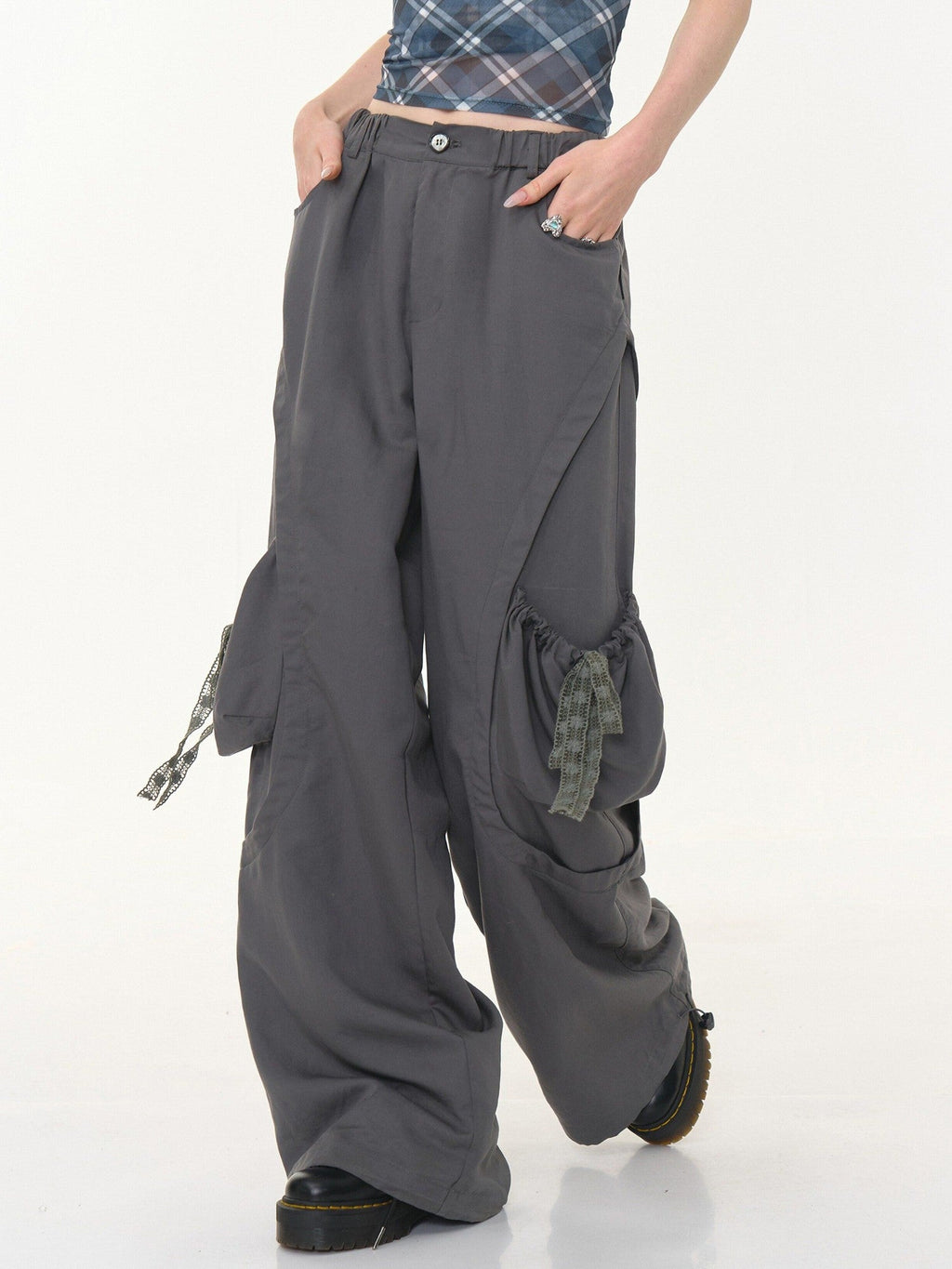 ZIZIFEI Gray High Waist Slimming Cargo Big Pocket Women'S Lyocell Blend Wide-Leg Pants