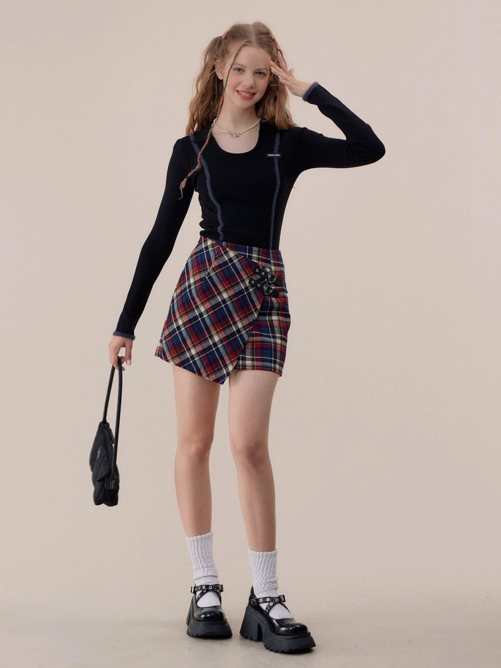 ZIZIFEI Vintage Patchwork Polo U Neck Women'S Viscose Knit Slim Fit Long Sleeve T-Shirts