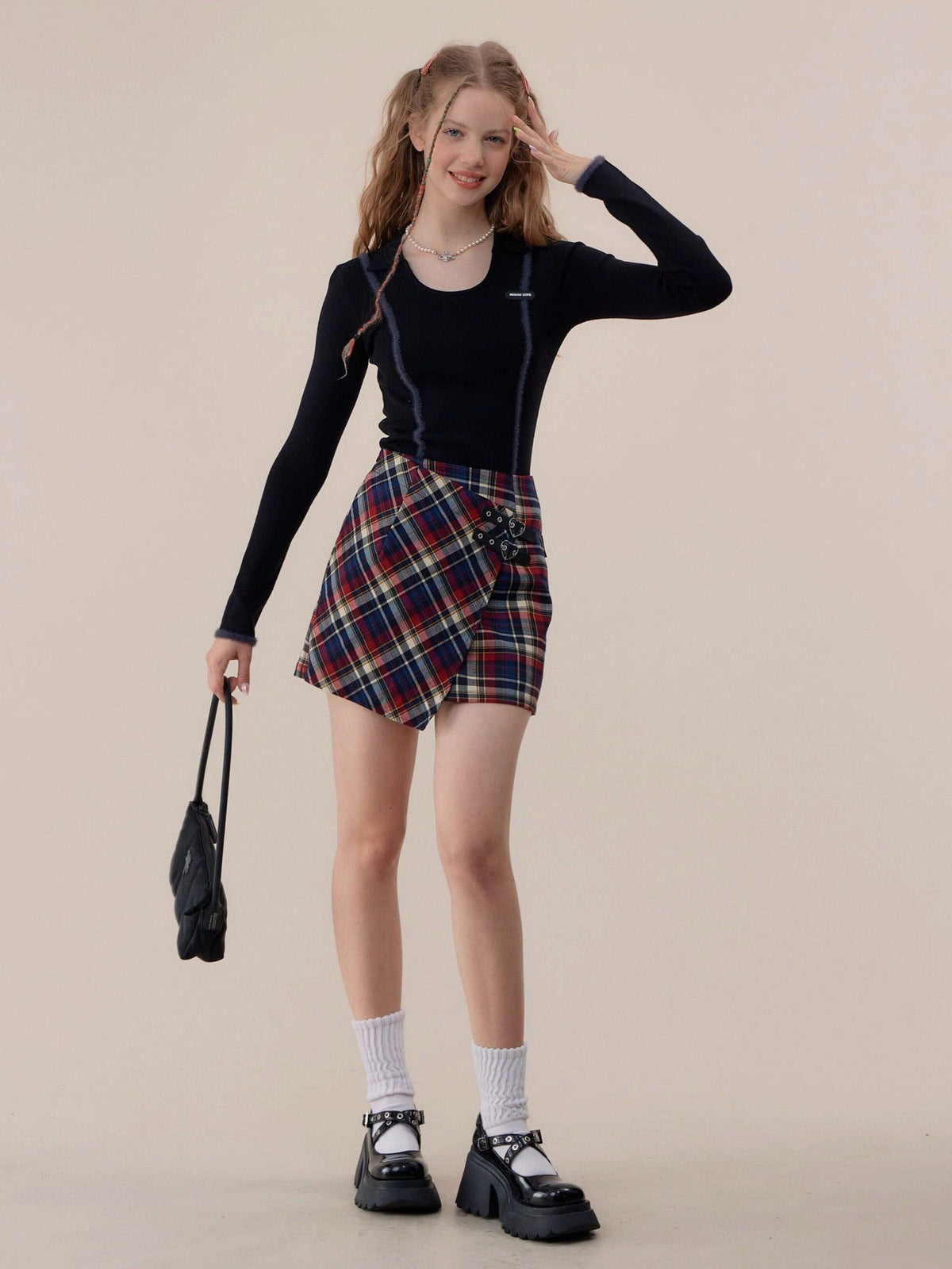 ZIZIFEI Vintage Patchwork Polo U Neck Women'S Viscose Knit Slim Fit Long Sleeve T-Shirts
