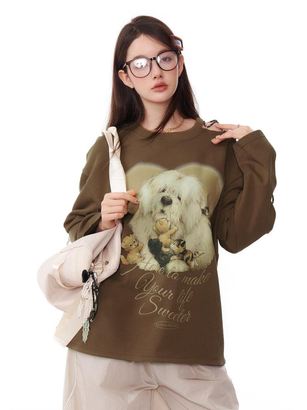ZIZIFEI Vintage Dog Print Tie Off Shoulder Women'S Cotton Blend Long Sleeve T-Shirts
