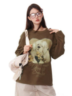 ZIZIFEI Vintage Dog Print Tie Off Shoulder Women'S Cotton Blend Long Sleeve T-Shirts