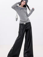 ABWLR Black Minimalist Loose Casual Women'S Matte Pu Wide-Leg Pants