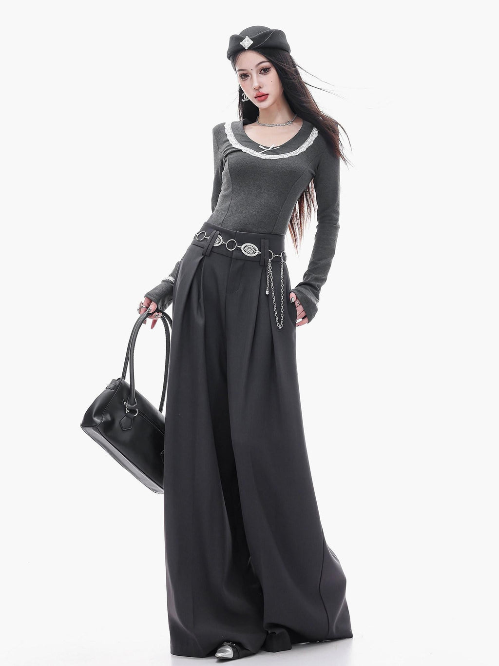ABWLR Minimalist Gray Pleated Drawstring Natural Waist Zipper Women'S Wide-Leg Pants
