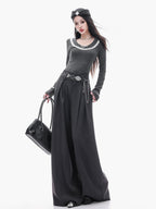 ABWLR Minimalist Gray Pleated Drawstring Natural Waist Zipper Women'S Wide-Leg Pants