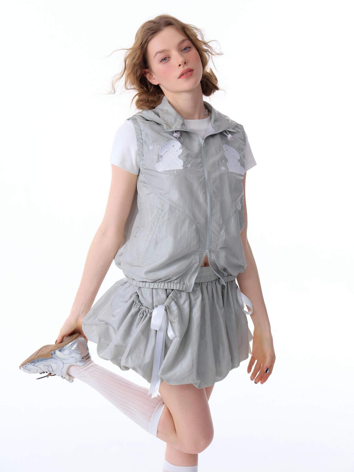 ZIZIFEI Rabbit Embroidered Hooded Zipper Sporty Women'S Nylon Tank Tops