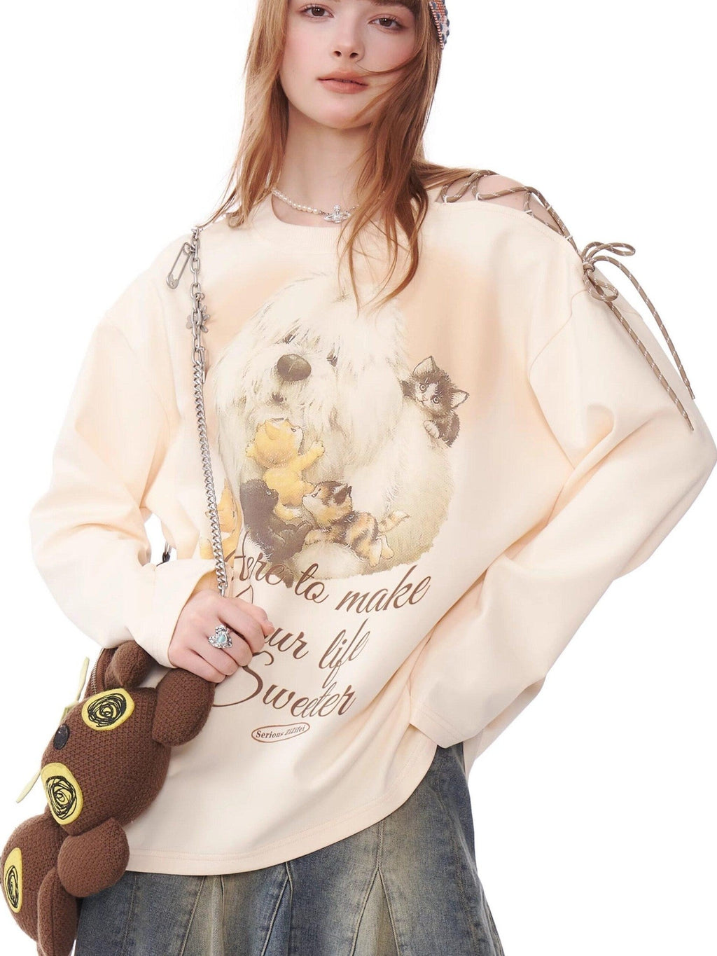 ZIZIFEI Vintage Dog Print Tie Off Shoulder Women'S Cotton Blend Long Sleeve T-Shirts