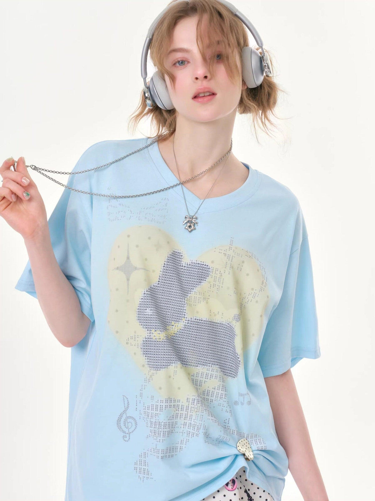 ZIZIFEI Pixel Rabbit Rhinestone V-neck Loose Women'S Cotton Short Sleeve T-Shirts