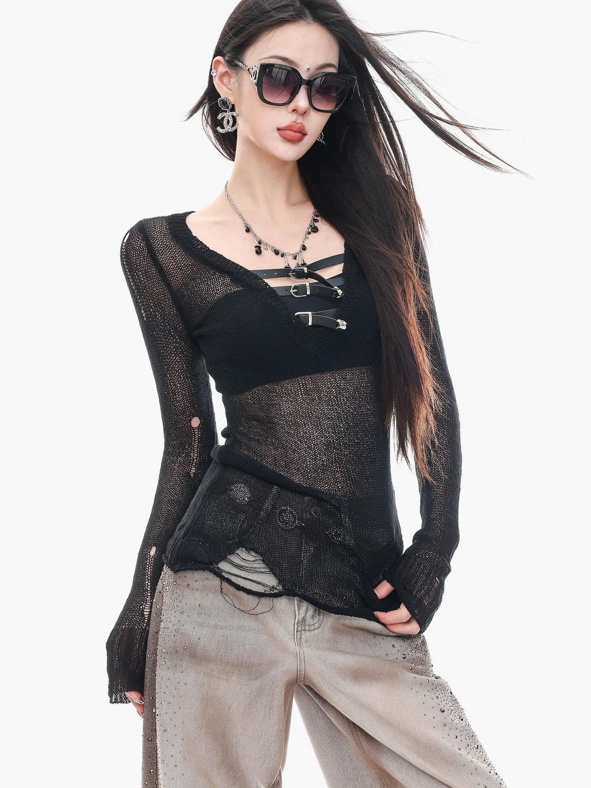 ABWLR Black Gothic V-neck Cutout Knit Slim Fit Women'S Long Sleeve T-Shirts