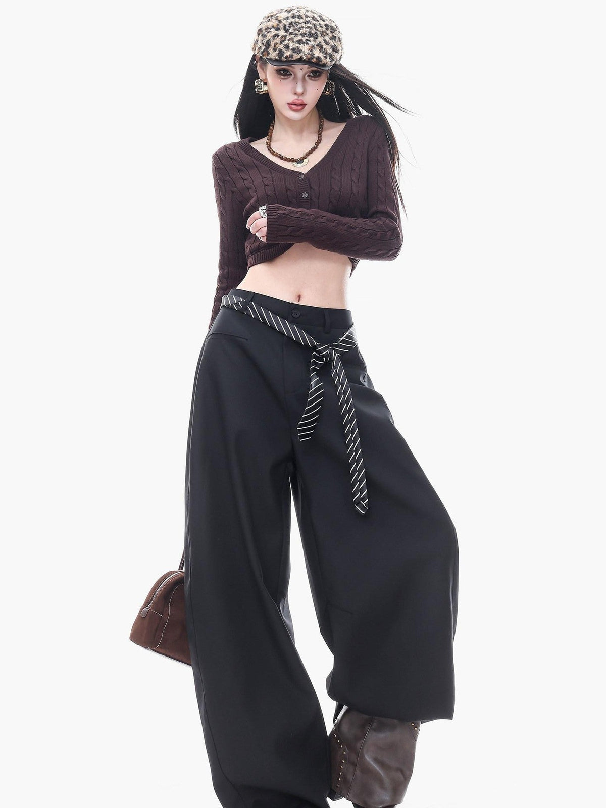 ABWLR Black Gray Drapey Relaxed Tailored Natural Waist Women'S Wide-Leg Pants