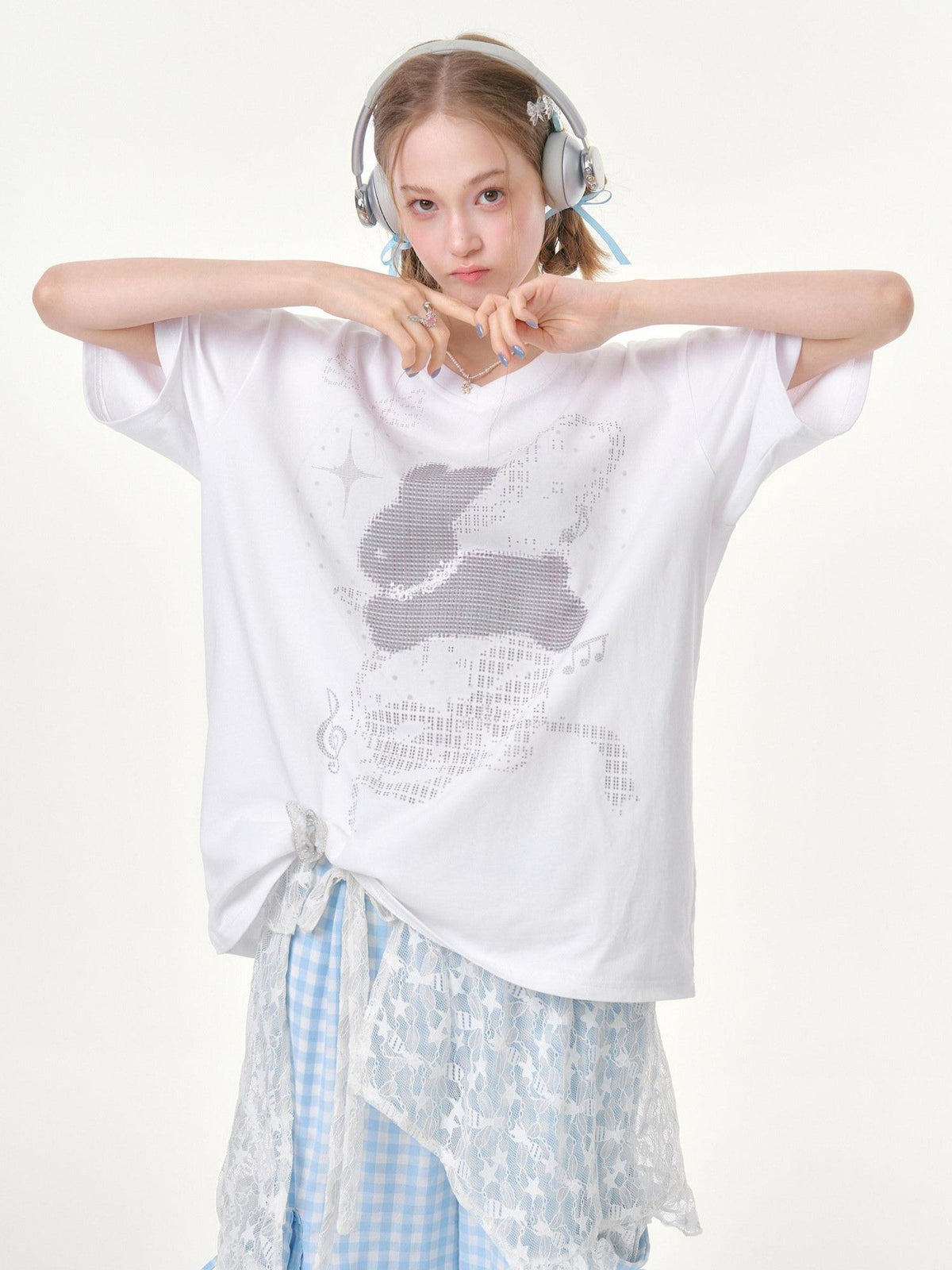 ZIZIFEI Pixel Rabbit Rhinestone V-neck Loose Women'S Cotton Short Sleeve T-Shirts