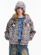 ZIZIFEI Cat Print Leopard Sherpa Oversized Vintage Women'S Polyester Puffer Jackets