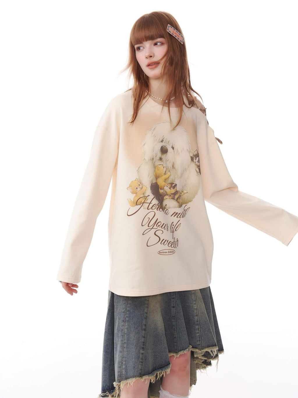 ZIZIFEI Vintage Dog Print Tie Off Shoulder Women'S Cotton Blend Long Sleeve T-Shirts