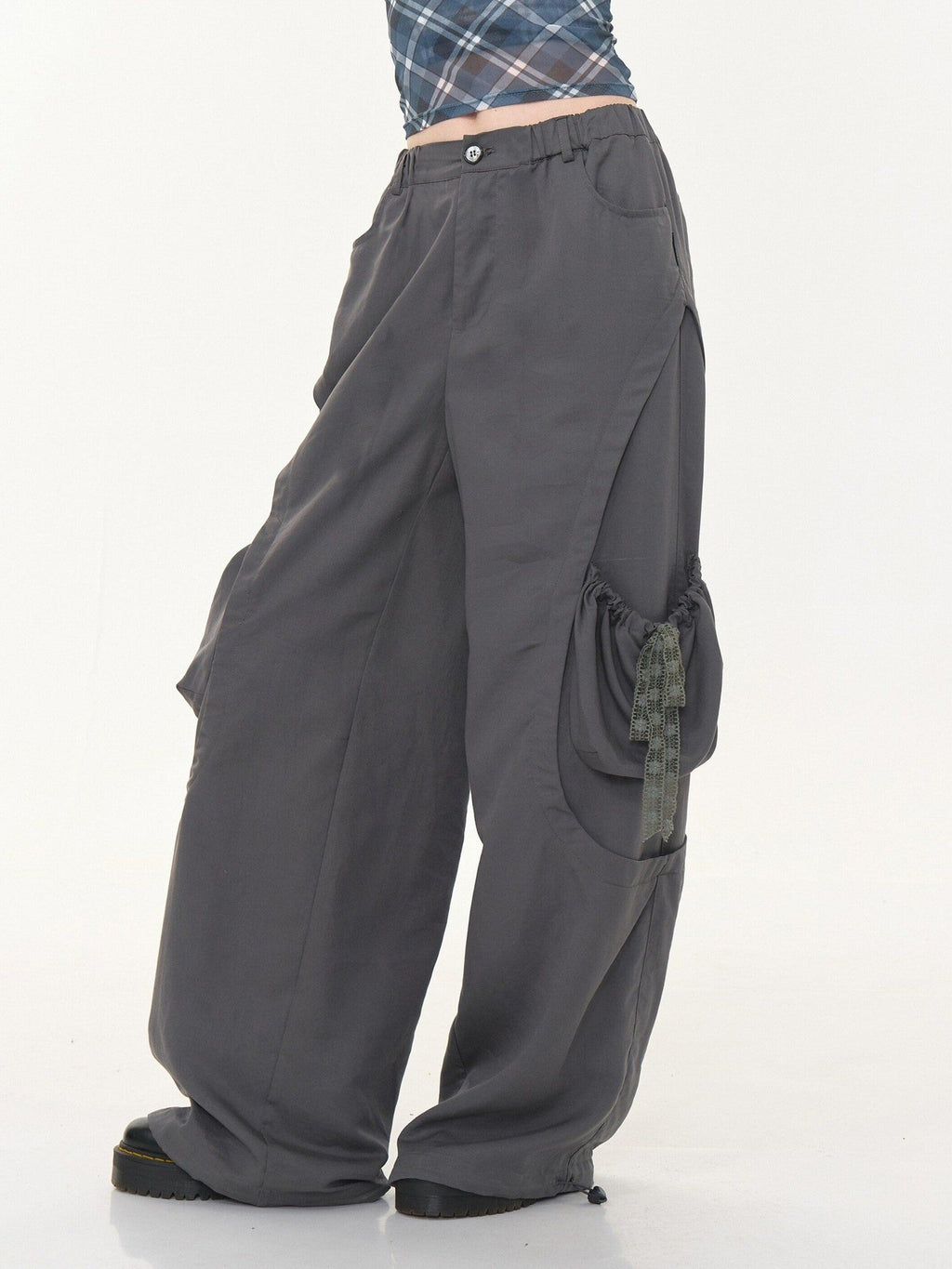 ZIZIFEI Gray High Waist Slimming Cargo Big Pocket Women'S Lyocell Blend Wide-Leg Pants