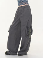 ZIZIFEI Gray High Waist Slimming Cargo Big Pocket Women'S Lyocell Blend Wide-Leg Pants