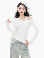 ABWLR White Halter Off Shoulder Faux Two Piece Slim Women'S Long Sleeve T-Shirts