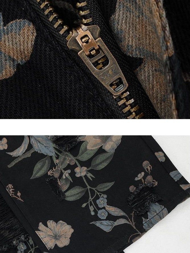 ABWLR Washed Black Printed Distressed Machine Embroidery Women'S Denim Wide-Leg Jeans