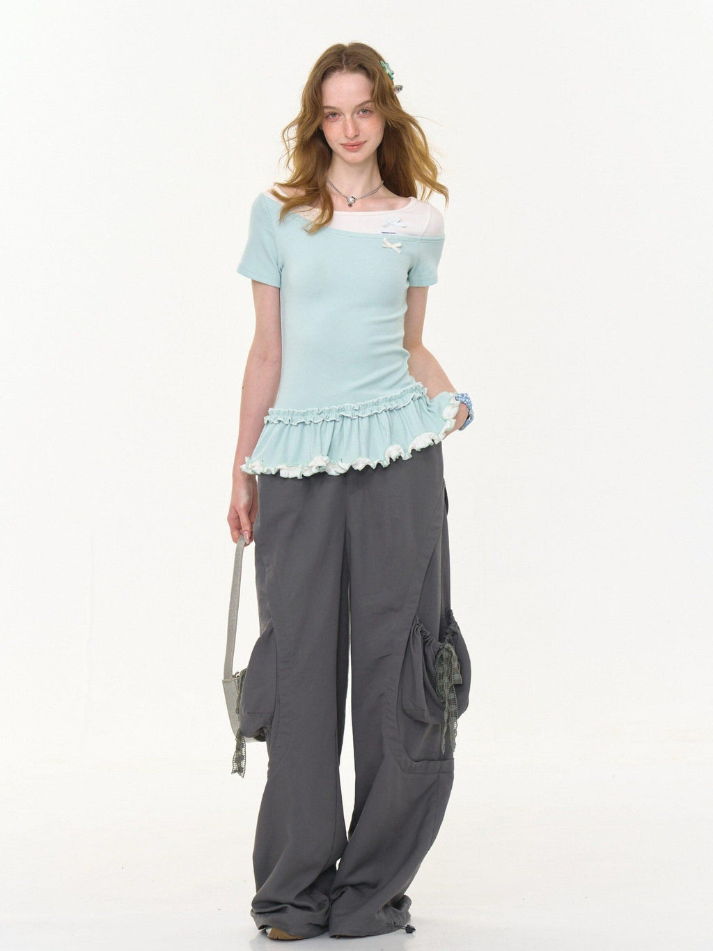ZIZIFEI Gray High Waist Slimming Cargo Big Pocket Women'S Lyocell Blend Wide-Leg Pants
