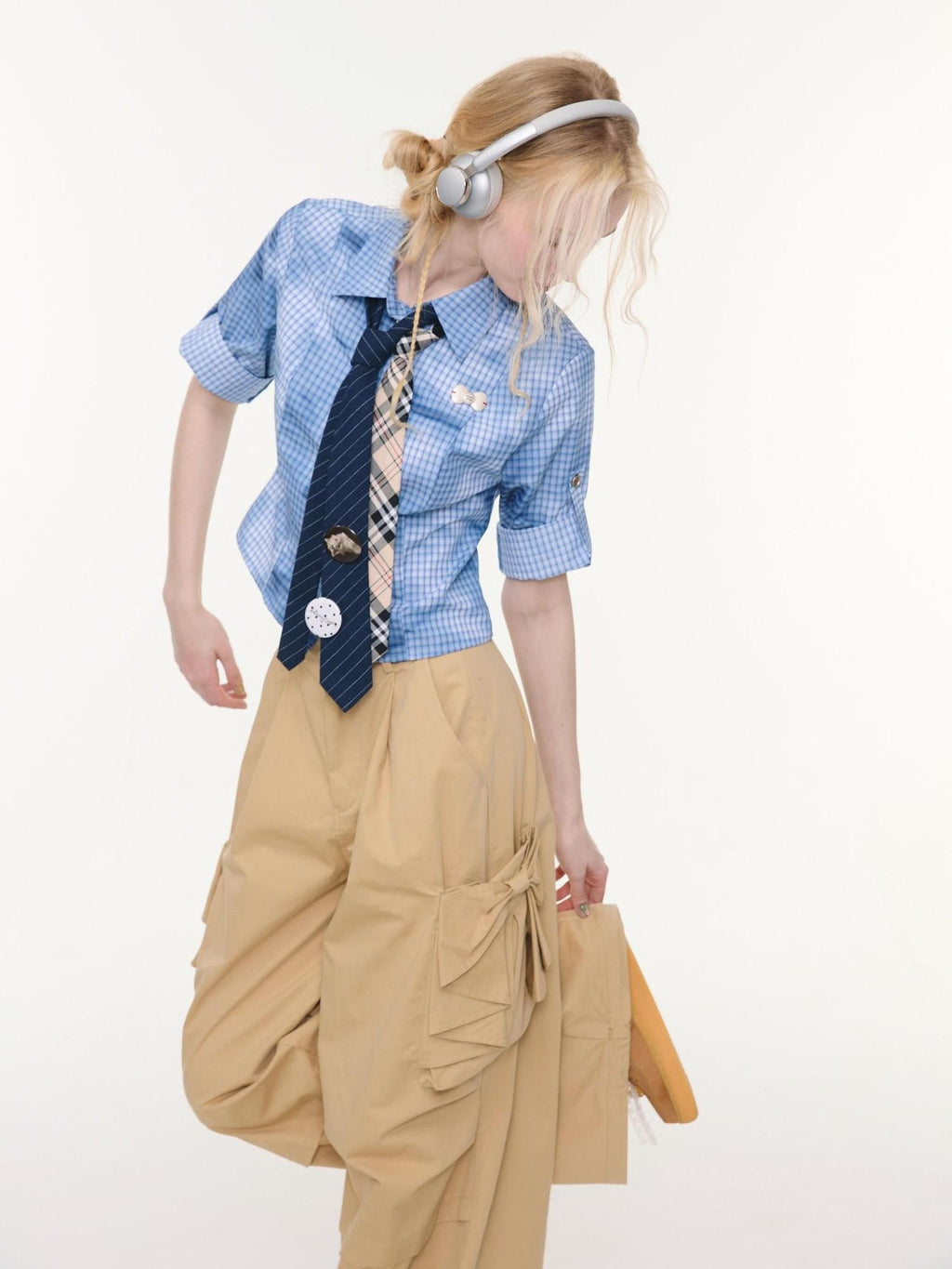 ZIZIFEI Mist Blue Ombre Plaid Waist Cinch Lapel Slim Women'S Short Sleeve T-Shirts