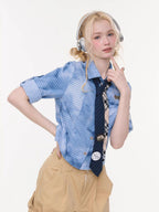 ZIZIFEI Mist Blue Ombre Plaid Waist Cinch Lapel Slim Women'S Short Sleeve T-Shirts
