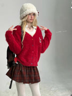 ZIZIFEI Red Embroidered Bow V-neck Relaxed Straight Women'S Nylon Buttoned Cardigans