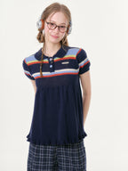 ZIZIFEI Dreamy Rainbow Knitted Doll Collar Women'S Deep Blue Short Sleeve T-Shirts