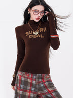 ABWLR Mocha White Mock Neck Letter Print Slim Fit Girlish Women'S Long Sleeve T-Shirts