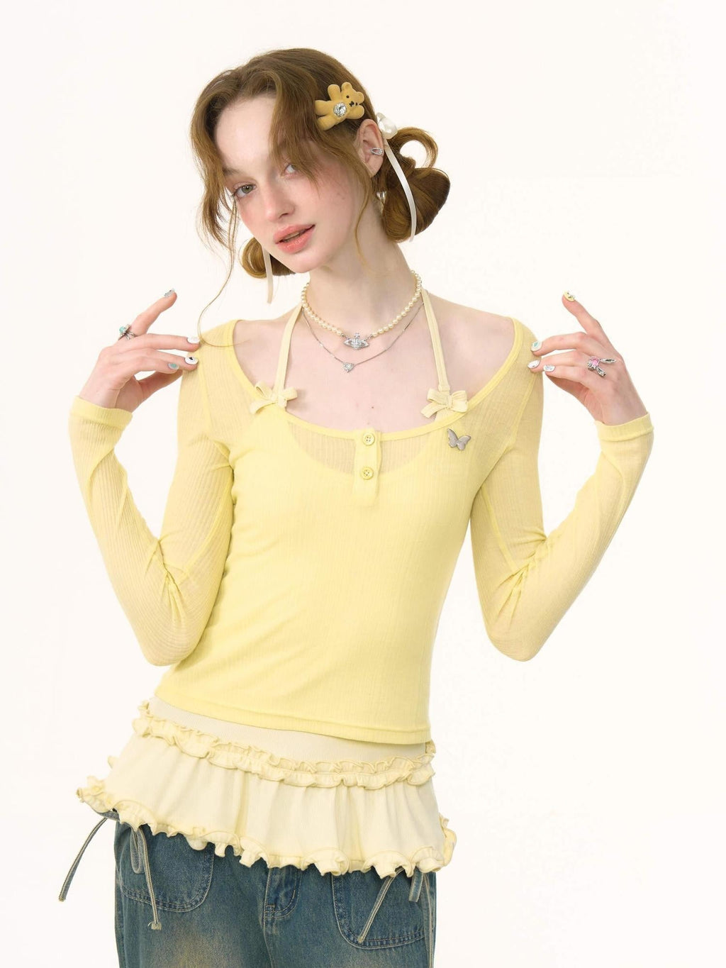ZIZIFEI Yellow Patchwork Slim Sheer Knit Women'S Polyester Viscose Long Sleeve T-Shirts