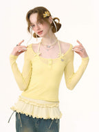 ZIZIFEI Yellow Patchwork Slim Sheer Knit Women'S Polyester Viscose Long Sleeve T-Shirts