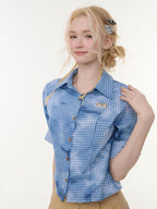 ZIZIFEI Mist Blue Ombre Plaid Waist Cinch Lapel Slim Women'S Short Sleeve T-Shirts
