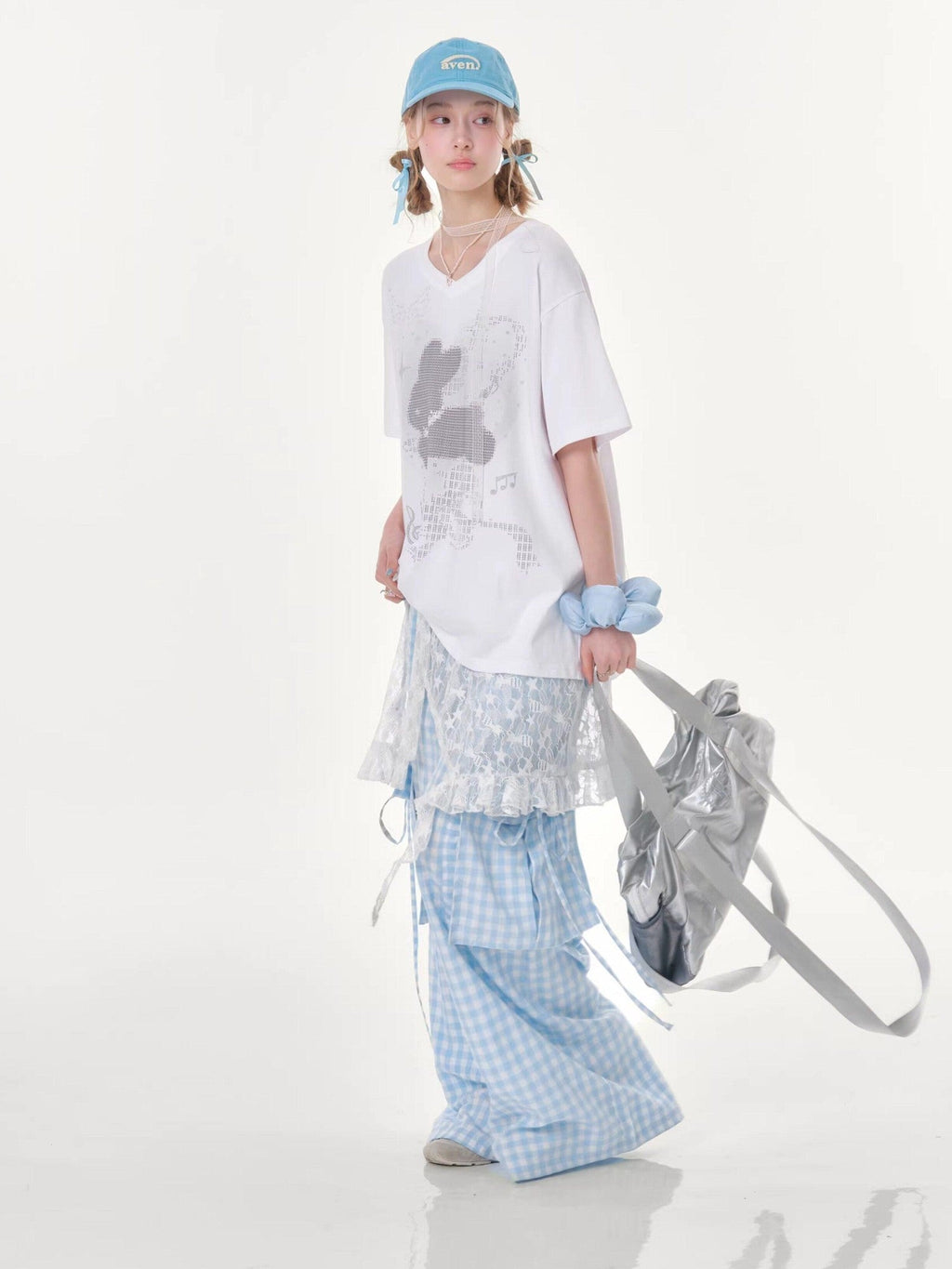 ZIZIFEI Pixel Rabbit Rhinestone V-neck Loose Women'S Cotton Short Sleeve T-Shirts