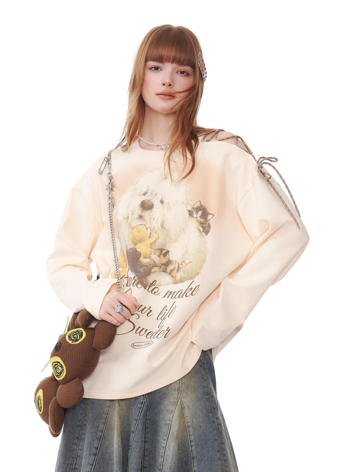 ZIZIFEI Vintage Dog Print Tie Off Shoulder Women'S Cotton Blend Long Sleeve T-Shirts