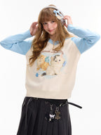 ZIZIFEI V-neck Soft Knit Cat Print Colorblock Raglan Women'S Viscose Blend Sweaters