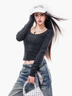 ABWLR U Neck Polka Dot Slim Fit Cropped Women'S Long Sleeve T-Shirts