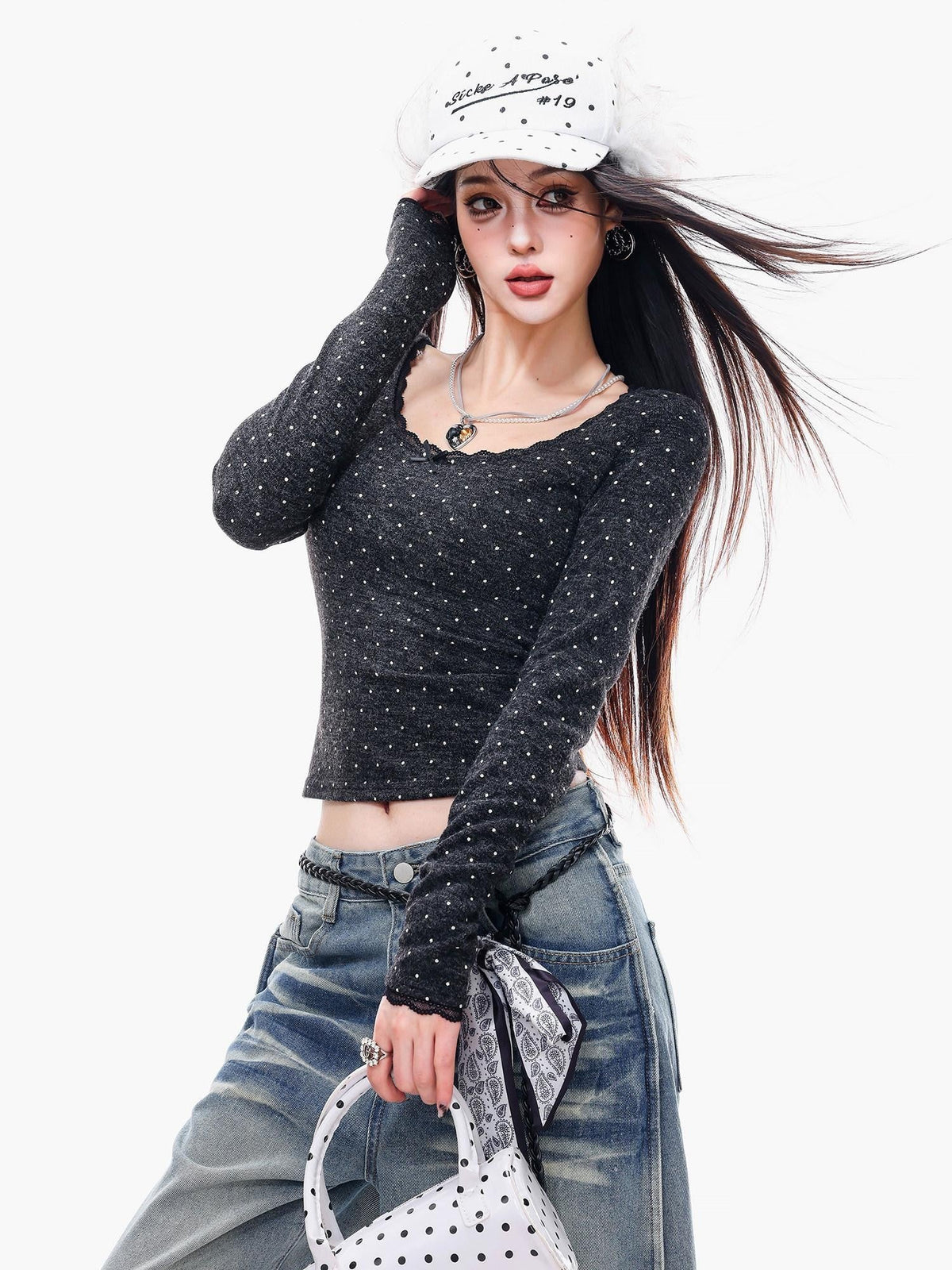 ABWLR U Neck Polka Dot Slim Fit Cropped Women'S Long Sleeve T-Shirts