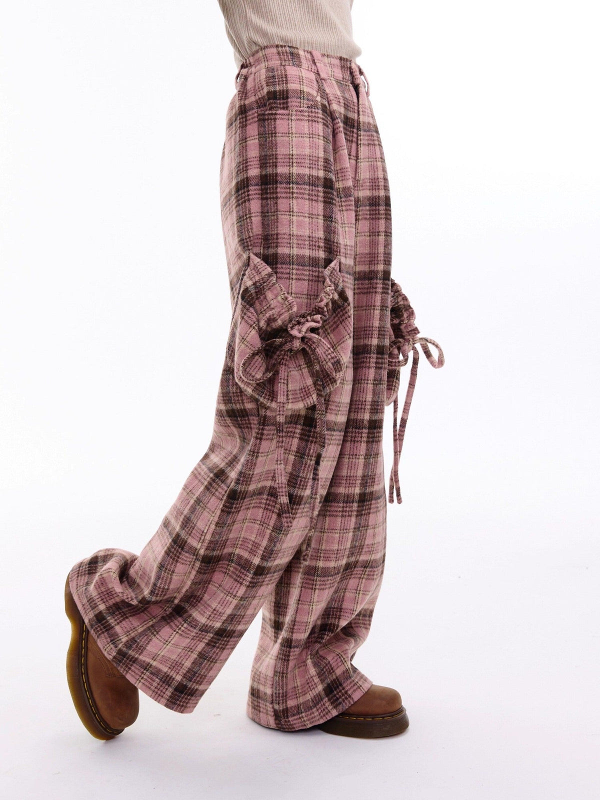 ZIZIFEI Pink Plaid High Waist Large Pocket Straight Women'S Polyester Wide-Leg Pants