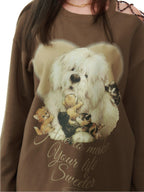 ZIZIFEI Vintage Dog Print Tie Off Shoulder Women'S Cotton Blend Long Sleeve T-Shirts