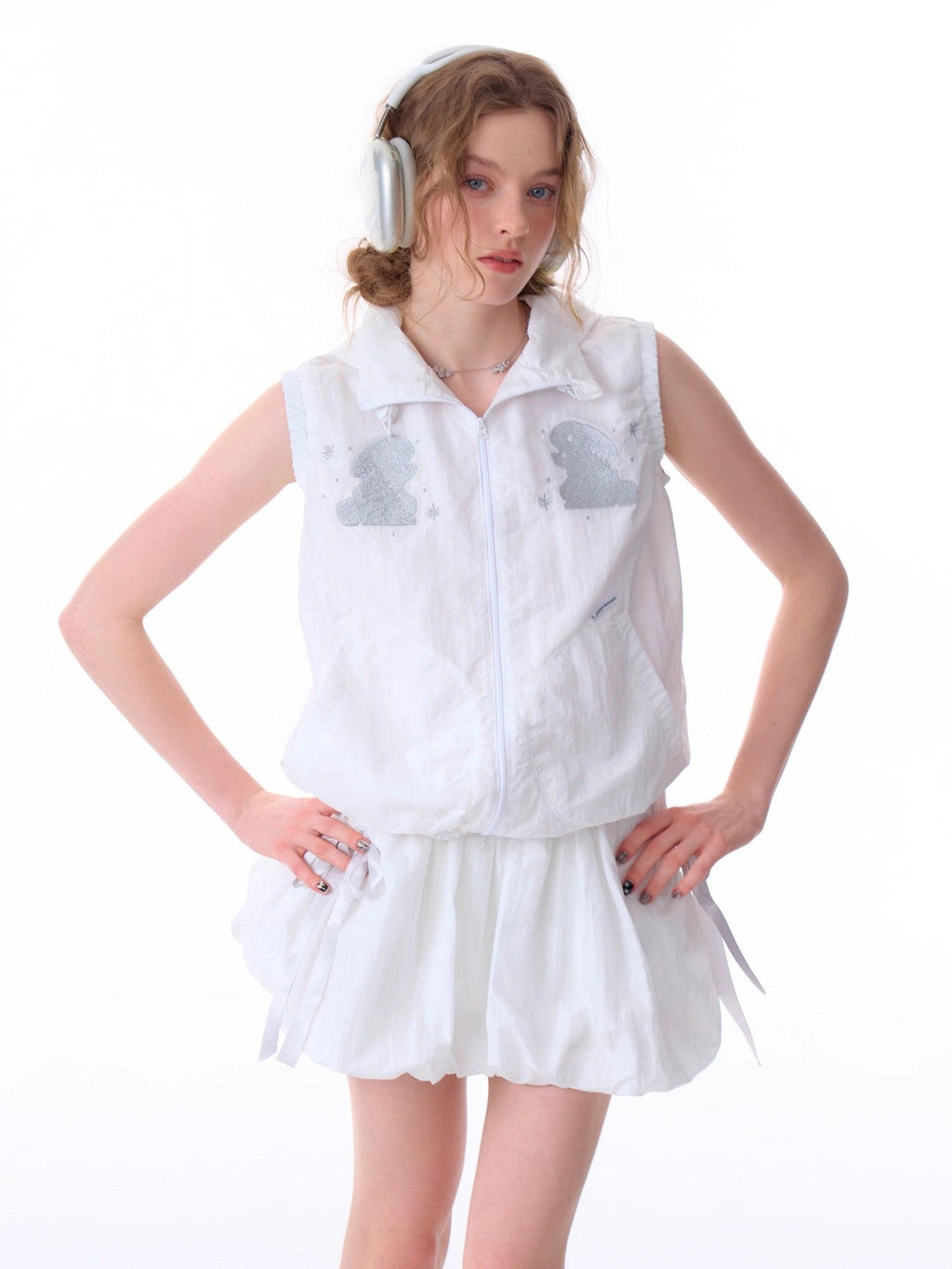 ZIZIFEI Rabbit Embroidered Hooded Zipper Sporty Women'S Nylon Tank Tops