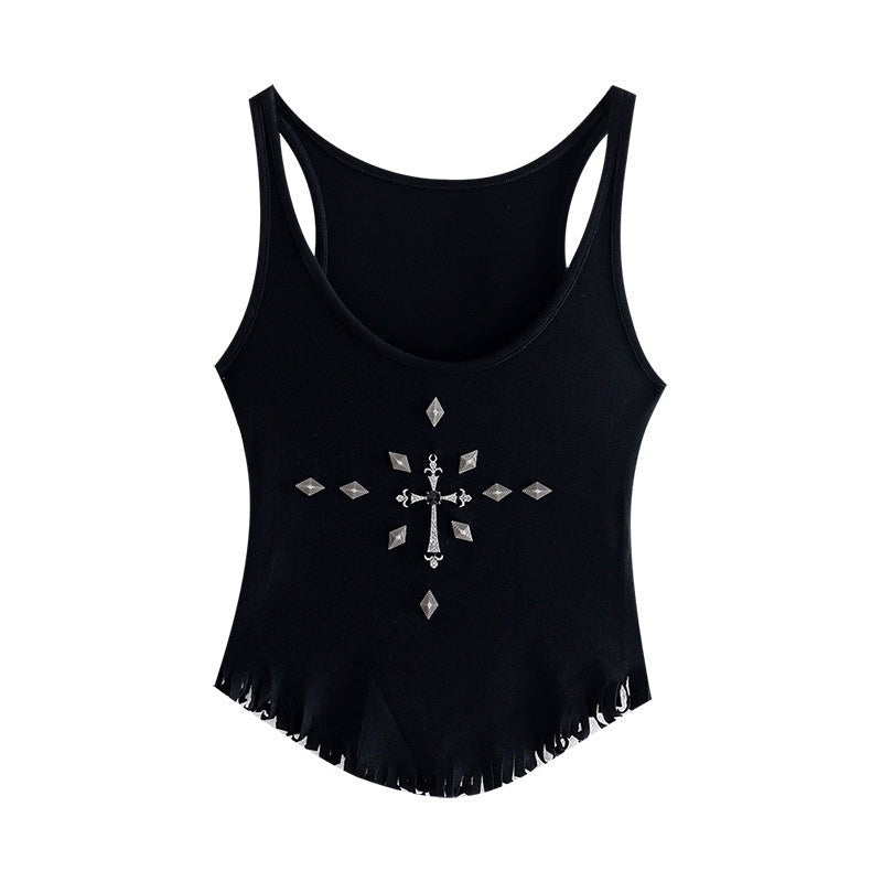 ABWLR_Cropped_Spaghetti_Cross_Tassel_Slim_U_Neck_H_Style_Black_White_Women'S_Tank_Tops_MISSTT