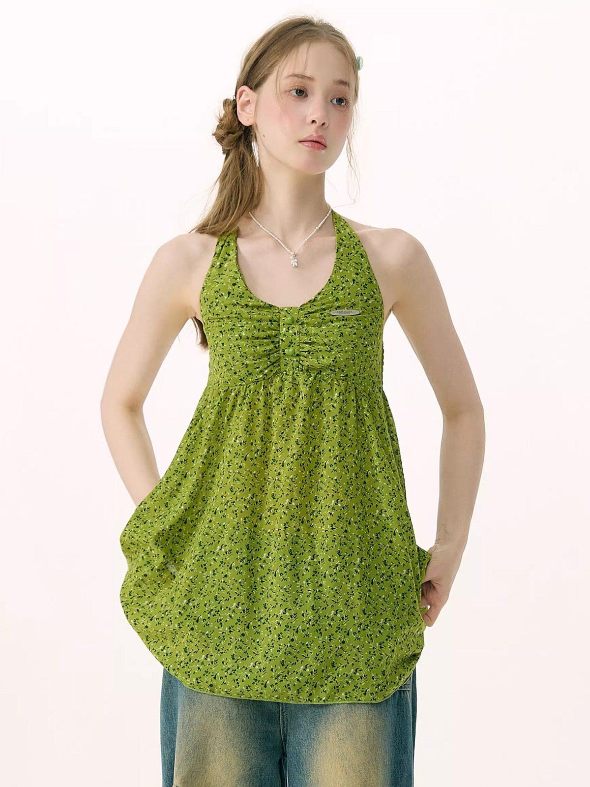ZIZIFEI Blue Floral Halter Tie Waist Mid Length Women'S Polyester Tank Tops