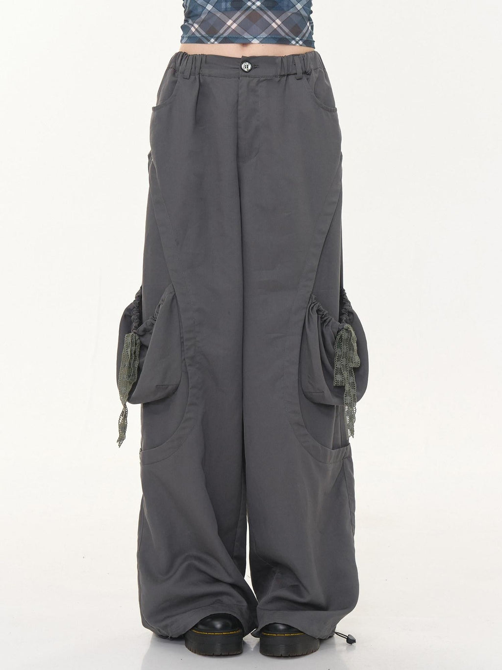 ZIZIFEI Gray High Waist Slimming Cargo Big Pocket Women'S Lyocell Blend Wide-Leg Pants