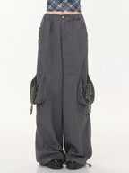 ZIZIFEI Gray High Waist Slimming Cargo Big Pocket Women'S Lyocell Blend Wide-Leg Pants