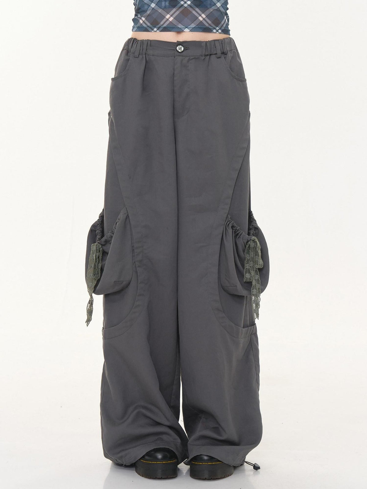 ZIZIFEI Gray High Waist Slimming Cargo Big Pocket Women'S Lyocell Blend Wide-Leg Pants