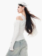 ABWLR White Halter Off Shoulder Faux Two Piece Slim Women'S Long Sleeve T-Shirts