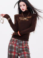 ABWLR Mocha White Mock Neck Letter Print Slim Fit Girlish Women'S Long Sleeve T-Shirts