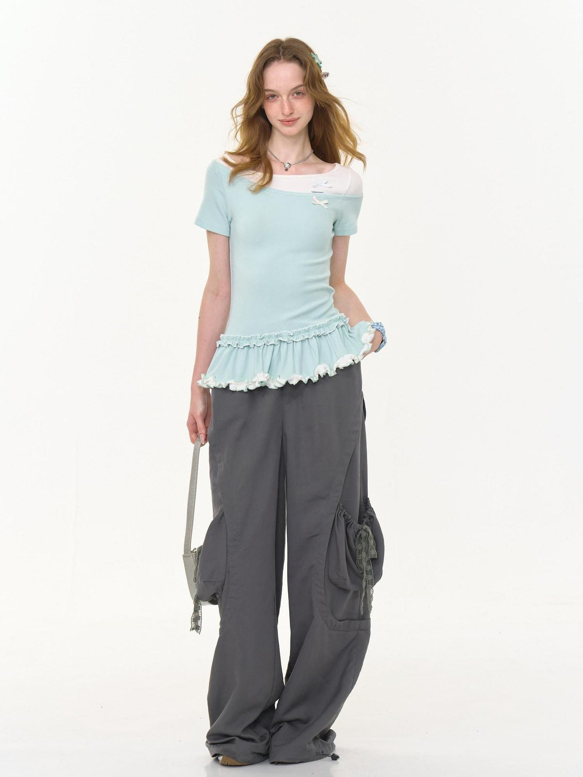 ZIZIFEI Gray High Waist Slimming Cargo Big Pocket Women'S Lyocell Blend Wide-Leg Pants